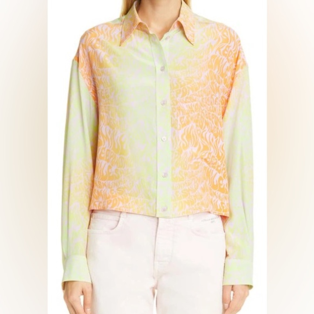 Stella McCartney Keep On Smiling Cropped Silk Shirt Orchid Neon Size 44 - Picture 3 of 14